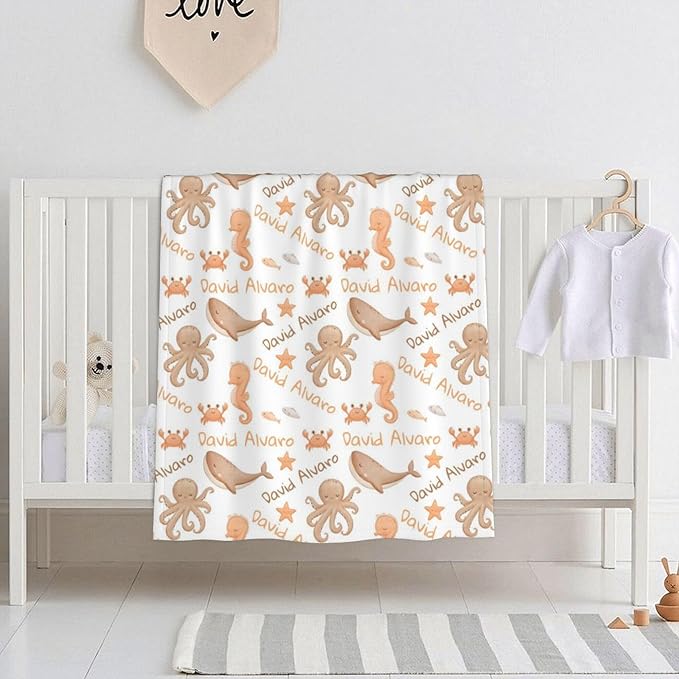 Ship Next Day Personalized Baby Blanket, Printed in USA - Custom Name Toddler Blanket with Ocean Pattern, Personalized