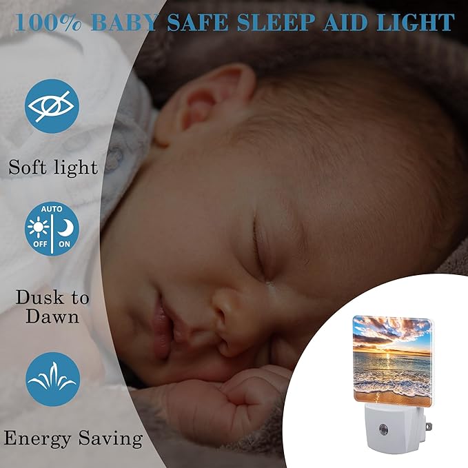 Colorful Ocean Beach at Sunrise Night Light Plug into Wall with Dusk to Dawn Sensor Cute Nightlight for Kid Girls Boys Women Men Room Decor, Hallway, Kitchen, Bathroom, Nursery, Stairs