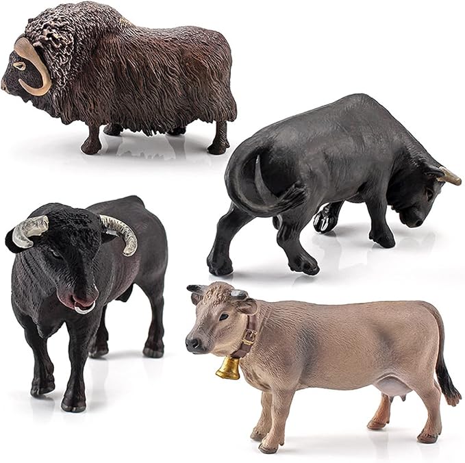 LC JoyCre Bulls Toys Cows Figurines 4PCS Realistic Big Swiss Cow Figures Toys for Toddlers African Bull Musk Ox Cow Figures for Kids Birthday 3 4 5 6 Year Old