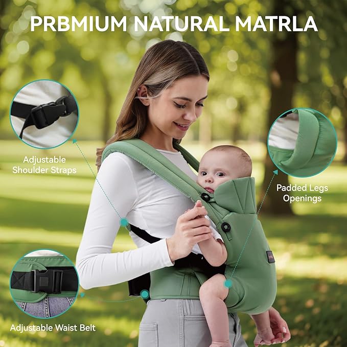 Baby Carrier Newborn to Toddler 7-45 lbs with Natural Material, Ergonomic Design,Versatile and Adjustable,Hands Free for Moms&Dads,Green