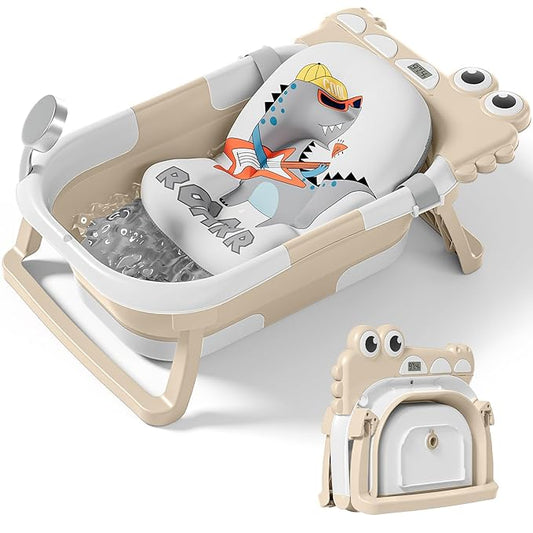 TPN Collapsible Baby Bathtub, Baby Bath Tub with Soft Cushion & Real-Time Thermometer, Baby Bathtub Infant to Toddler Tub (0-36 Months), Portable Travel Baby Tubs for Newborns (Beige)
