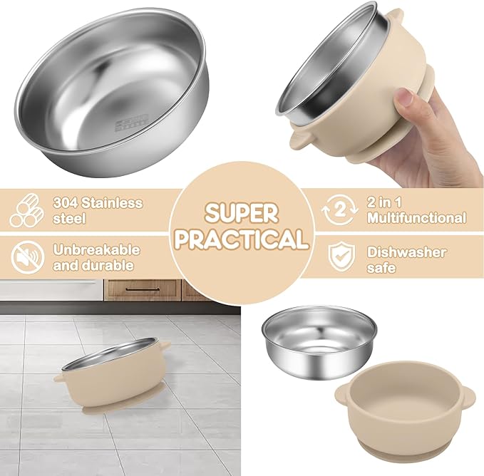 2 Pack Stainless Steel Baby Bowls with Removable Non-Slip Silicone Suction Shell, Anti Scald Food Container for Baby Food Feeding-Blue & Cream