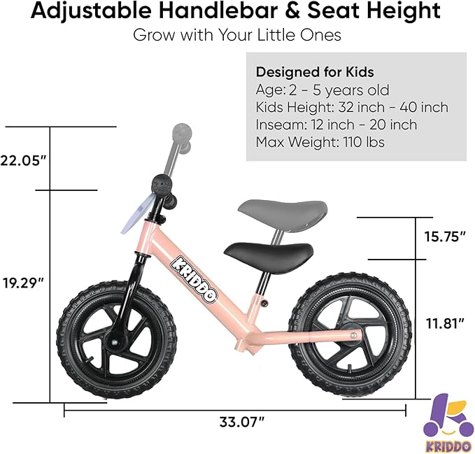 KRIDDO Toddler Balance Bike 2 Year Old, Age 24 Months to 5 Years Old, 12 Inch Push Bicycle with Customize Plate (3 Sets of Stickers Included), Steady Balancing, Gift Bike for 2-3 Boys Girls, Pink