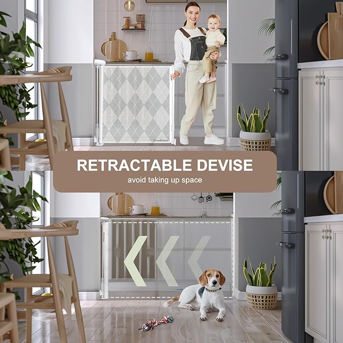 Retractable Mesh Baby Gate, 34" Tall, Extends up to 55" Wide, Child Safety Gate for Doorways, Stairs, Hallways, Indoor/Outdoor (34"x55", Grid Pattern)