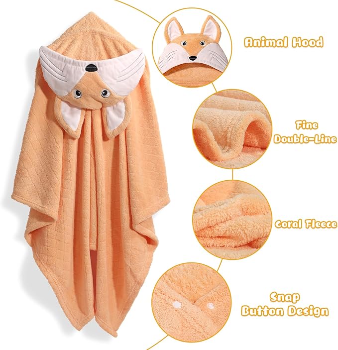 Hooded Baby Towels, 2-Pack Thick Absorbent Large 50"x 32" Baby Towels with Hood Aniaml for Children,Shower,Beach, Green & Orange Set