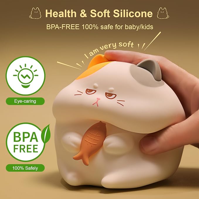 Greedy Cat Night Light for Kids, 3 Levels Dimmable Cute Kitty Nursery Nightlight with Touch Color Change, Squishy Silicone Rechargeable Bedside Lamp for Baby/Pregnant Mom/Elderly/Adults
