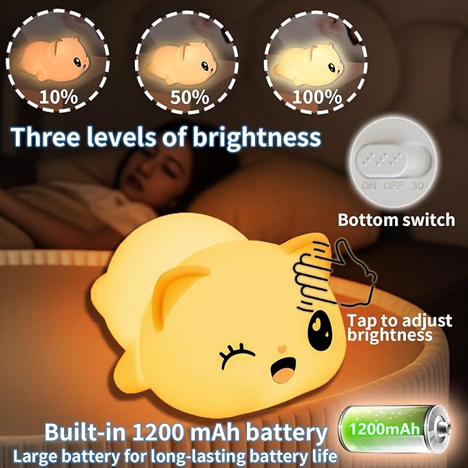Colorful Life Cat Night Light for Kids, Silicone Tap Control LED Bedside Lamp, Soft Touch Sensor Kitty Light for Baby Girls Boys, USB Rechargeable Nightlight(Light up When patted)