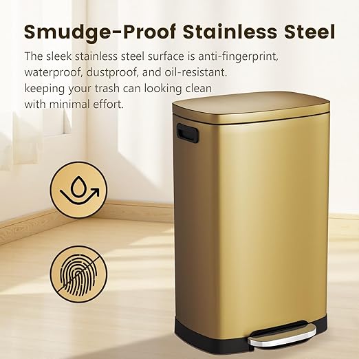 ELPHECO Kitchen Trash Can with Lid Soft Close, 13 Gallon / 50L Stainless Steel Pedal Garbage Can, Heavy-Duty Step Wastebasket with 20 Bags, Removable Bucket, Home Office, Kitchen, Titanium Gold