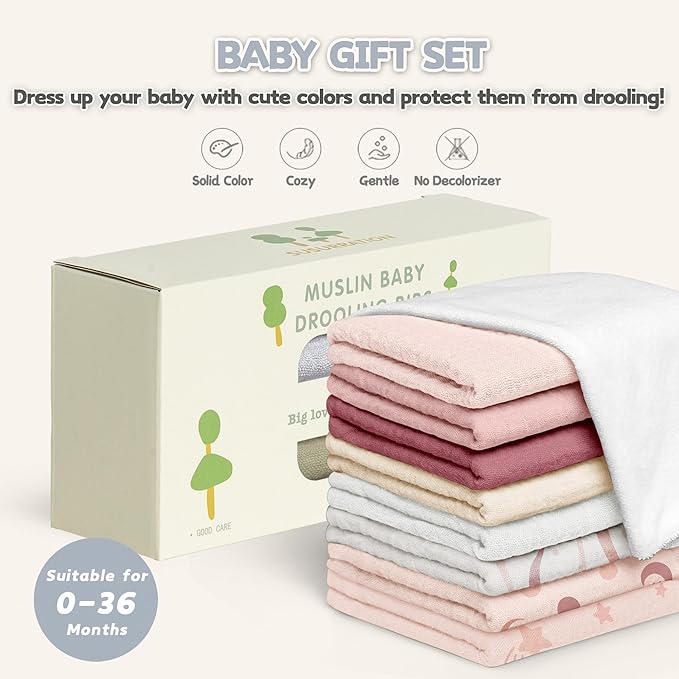 Susurration Muslin Baby Bibs 8 Pack Bandana Drool Bibs, Soft Square Adjustable Baby Drooling Bibs for Unisex Girls & Boys