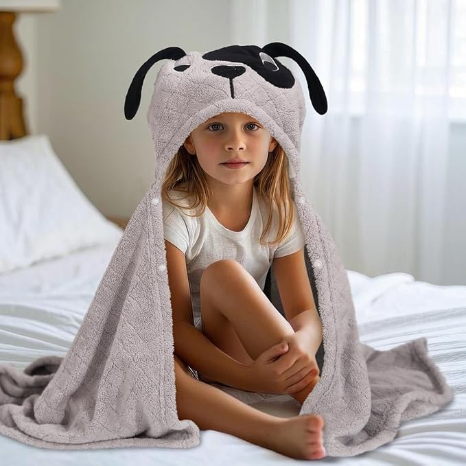 Baby Boy Bath Towels, Animal Hooded Toddler Towel for Boys,50 x 32 Inches,Super Soft Absorbent Premium Coral Fleece Luxuriously Thick for Kids,Grey Puppy