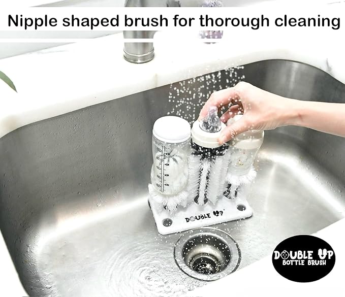 Double Baby Bottle Cleaning Brush Set with Suction Base - Cleans Two Bottles at Once - Includes Nipple Cleaner Brush - High Density Bristles, Dishwasher Safe - Baby Gift & Newborn Essential
