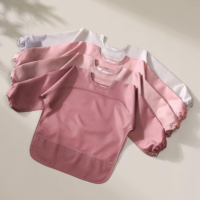 4 Pack Long Sleeve Bib, Waterproof Sleeved Smock for Baby Boy or Girl, Reusable Bib with Pocket, Ages 6-24 Months