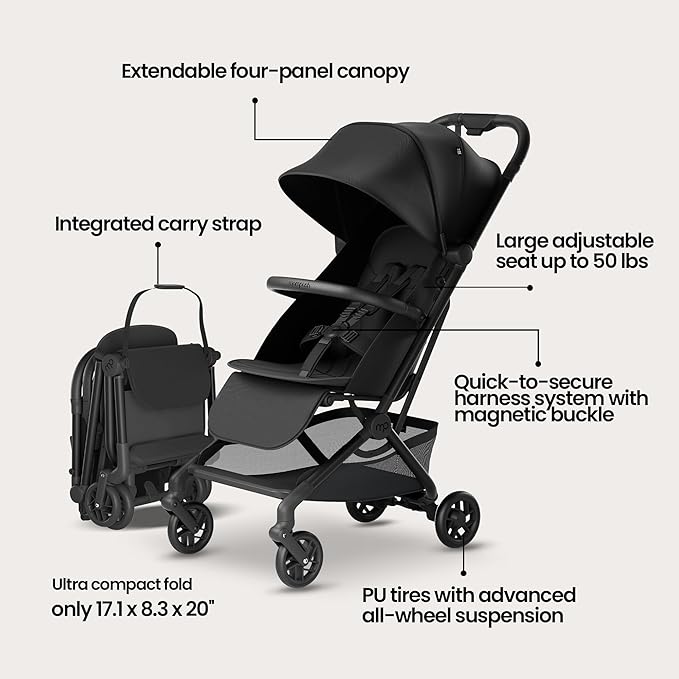 Mompush Velo Lightweight Travel Stroller, Compact & Airplane-Friendly for Baby and Toddler, Lie-Flat Seat, One-Hand Fold, with Leather Bumper Bar, Shoulder Strap, Raincover, Storage Bag & Cup Holder