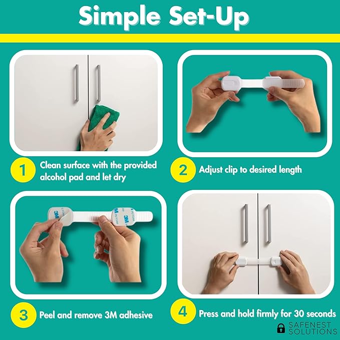 SAFENEST Child Proof Cabinet Locks (5 Pack Black) 3M Adhesive for Cabinets and Drawers, Fridge, Drawer Locks Baby Proofing, No Drilling; Alcohol Prep Pads Included