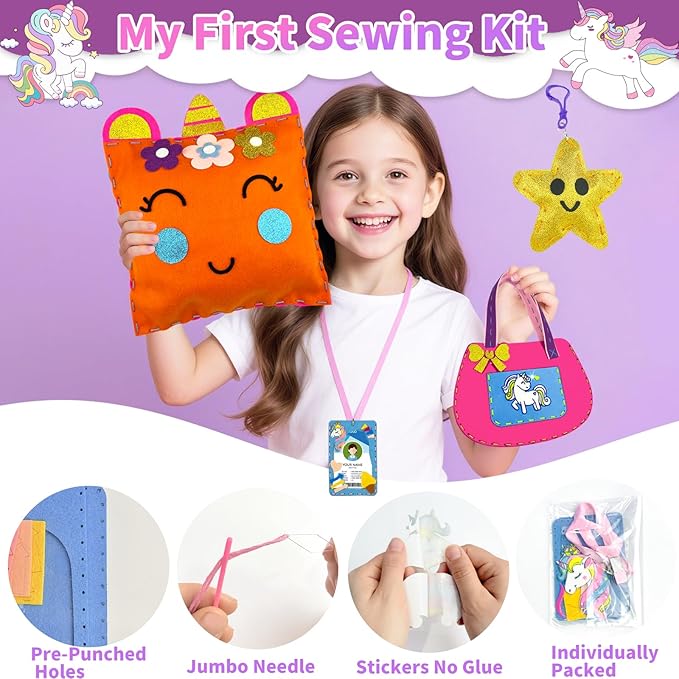 DUOROUBAO 8-in-1 Sewing Kit for Kids, Unicorn Kids Sewing Kits for Ages 5-10 Girls Beginner Easy to Do Craft Kits No Mess with Full Instructions My First Sewing Kit Birthday Christmas Gift for Girl