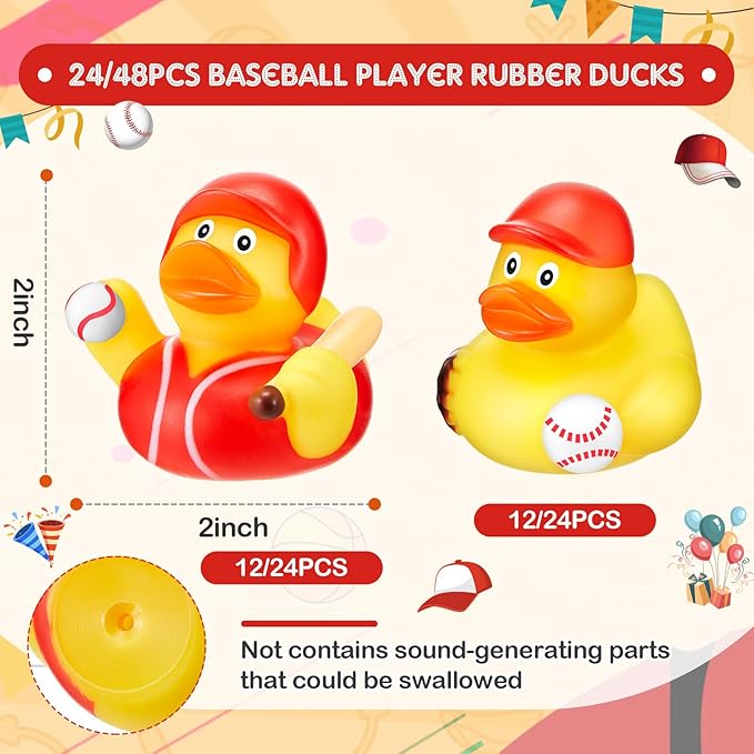 Deekin 48 Pcs Rubber Duck 2 Inch Bulk Sport Party Favors for Birthday Party Decorations Club Player Gift (Baseball Player)