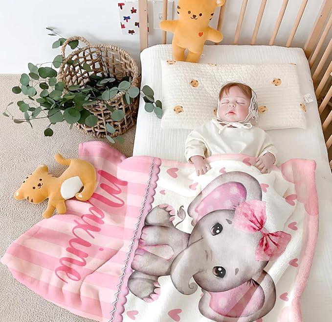 Personalized Baby Blanket for Girls, Custom Baby Blanket with Name, Soft Cozy Personalized Name Blankets for Kids, Customized Elephant Blanket for Infant Toddler Birthday Christmas