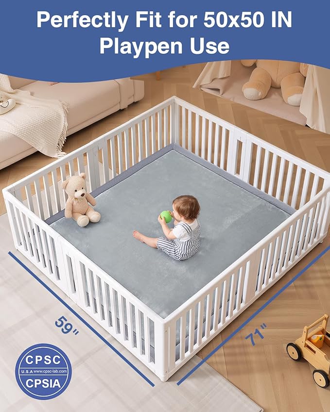 Baby Play Mat for Floor,1.3" Thick 59x71 Playpen Mat,Extra Large Tummy Time Foam Mats,Plush Soft Padded Playmate for Babies 6-12 Months Crawling,Non-Slip Nursery Rug for Toddler Kids Playroom(Grey)