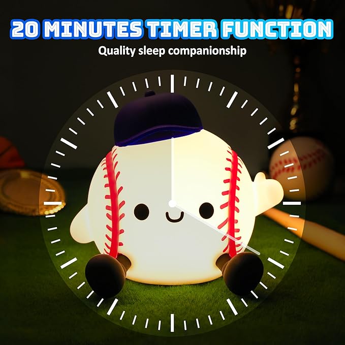 Lampeez Baseball Night Light, Soft Silicone Touch Lamp, Cute LED Nursery Nightlight & Bedroom Decor, Xmas Birthday Gift for Boys, Girls and Baseball Fans, Creates Soothing Glow for Bedtime