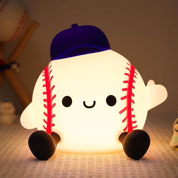 Lampeez Baseball Night Light, Soft Silicone Touch Lamp, Cute LED Nursery Nightlight & Bedroom Decor, Xmas Birthday Gift for Boys, Girls and Baseball Fans, Creates Soothing Glow for Bedtime