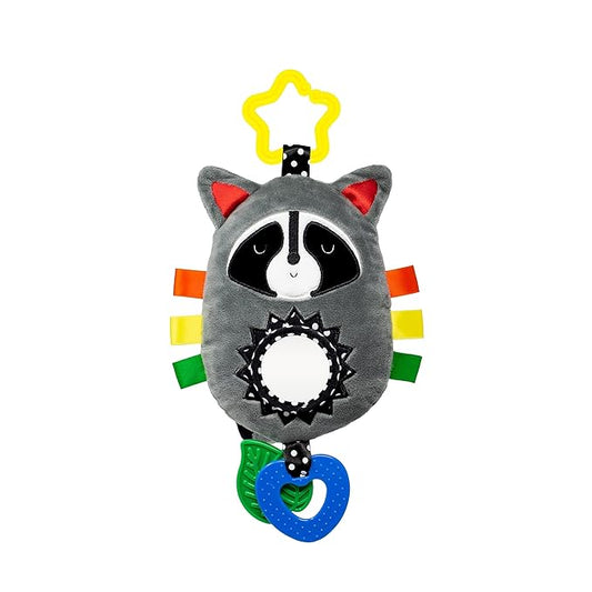 Squish 'N Play Raccoon Activity Toy- Multi-Sensory Learning Baby Toy - Stroller Toy, Car Seat Toy, Tummy Time Toy, Teether Toy, Baby Gift - with Mirror, Rattle & Taggies
