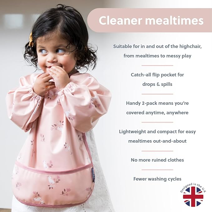 BIBaDO Mess Proof Baby Bib, 2 Pack Long Sleeve Bib, 6 month - 3 Years, Waterproof Bibs for Toddlers, Machine Washable