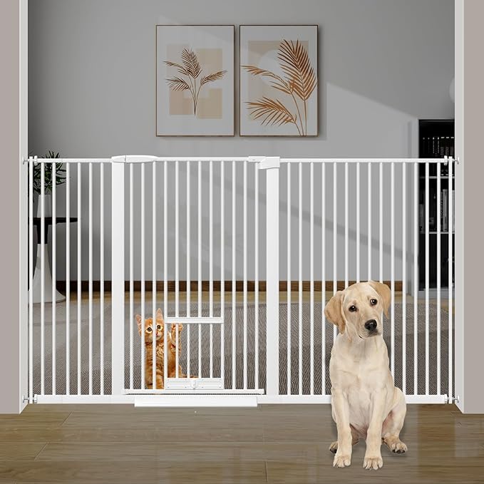40.55" Tall 1.37" Ultra Narrow Spacing 57.68-73.43" Extra Wide Dogs Pets Baby Gate with Cat Door for Doorway Safety Proof Indoor Puppy Pressure Mounted No Drill White Black Metal Hallway