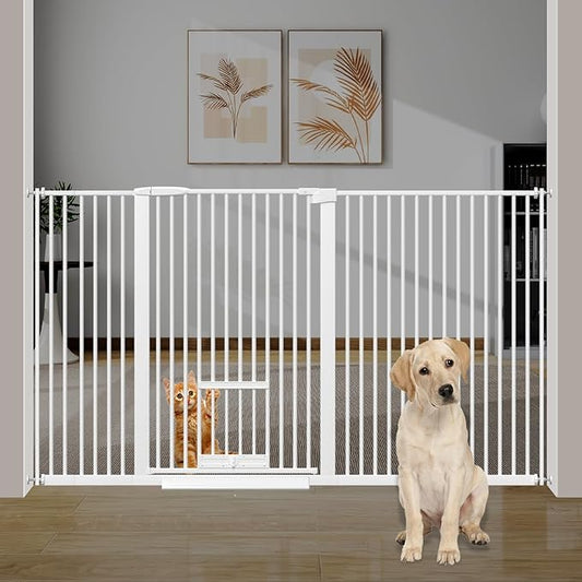 40.55" Tall 1.37" Ultra Narrow Spacing 57.68-73.43" Extra Wide Dogs Pets Baby Gate with Cat Door for Doorway Safety Proof Indoor Puppy Pressure Mounted No Drill White Black Metal Hallway
