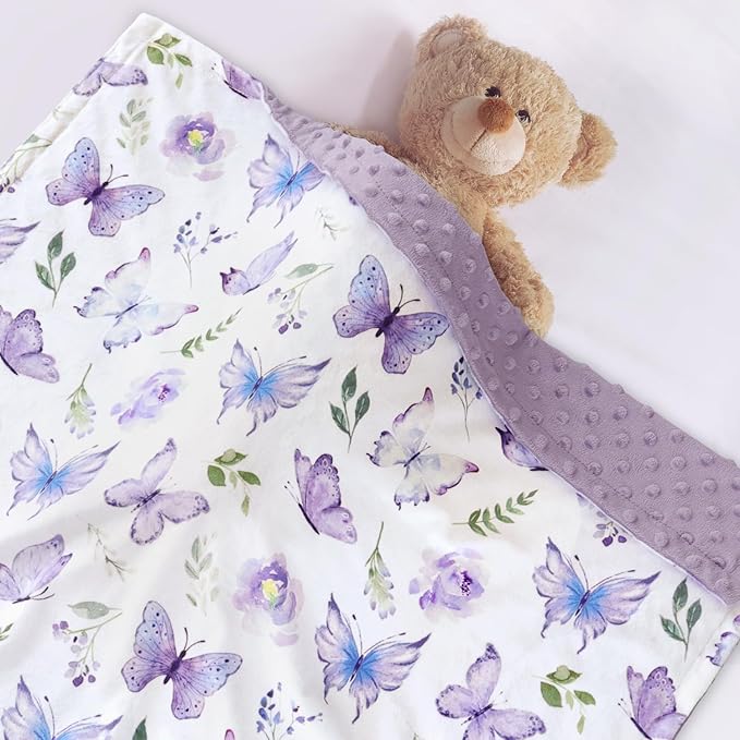 BORITAR Baby Blanket for Girls Soft Plush Minky Fabric, Double Layer Dotted Backing with Elegant Purple Butterfly Pattern Blanket Gift for Toddler Newborn Infant 30 x 40 Inch(75x100cm)