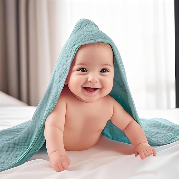 VitalCozy 12 Pcs Baby Muslin Hooded Bath Towels and Washcloths, 32 x 32 Inch Muslin Cotton Hooded Baby Towels Absorbent Hooded Blankets for Gift Newborn Infant Shower (Green Blue Gray)