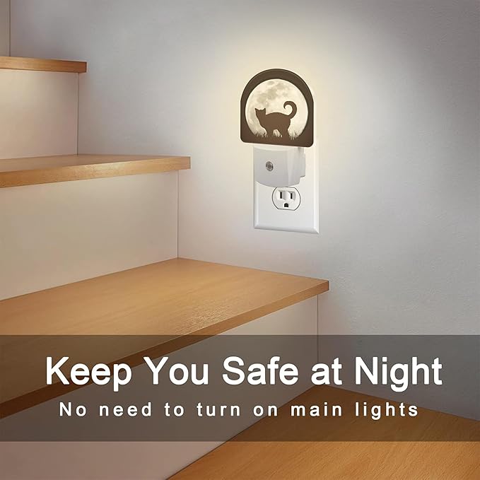 Cat on Moon Night Light, Full Moon Black Cat Dusk to Dawn Night Light Plug in, 0.5w Energy Saving Sleep Friendly NightLight for Kids Boys Girls Home Decor