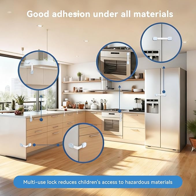 10-Pack Child Safety Cabinet Locks，Adjustable No Drilling Baby Proofing Strap Latches for Drawers,Cupboard,Cabinets,Fridge,Toilet Seat,Door,Closet–No Tool Easy 3M Adhesive Installation