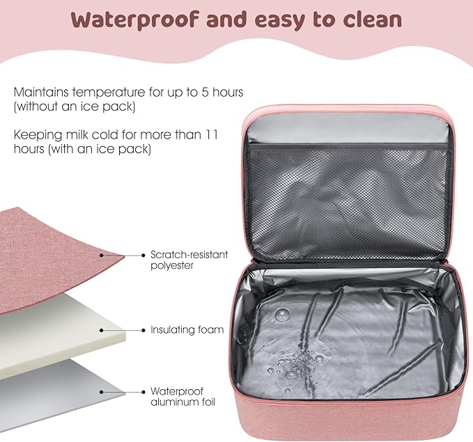Pump Bag, Breast Pump Carrying Bags with Ice Pack & Waterproof Mat, Breast Pump Bag Compatible with Spectra S1 S2, Pumping Bags Milk Bottle Cooler for Work Travel Camping, Pink