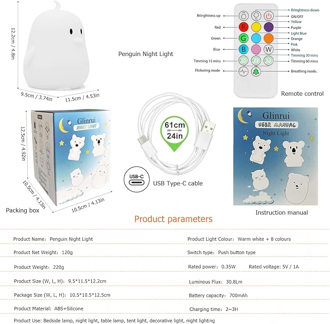 Penguin Night Light for Kids Silicone Sleep NightLights, 9 Colors Baby Light Bedside Lamp Bed Room Children Decorative Lamps for Toddlers/Boys/Girls/Adults/Bedroom/Bathroom/Outdoor - Medium