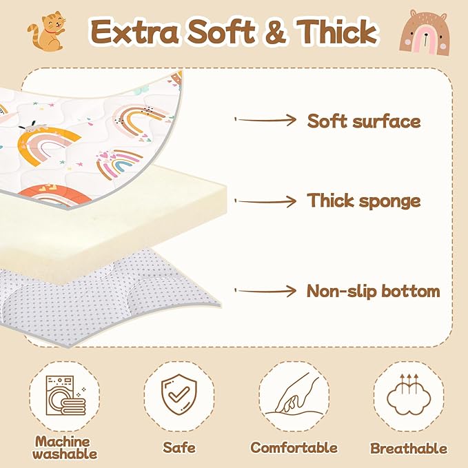 Baby Play Mat for Floor,Soft 50x50 Playpen Mat,Thick Foam Cushioned Playmat for Tummy Time,Safe Non-Slip Backing for Crawling for Kids Toddlers Infants,Boho Rainbow