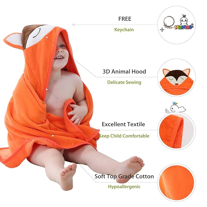 MICHLEY Animal Hooded Baby Towel Washcloth, Toddler Premium Cotton Absorbent Bathrobe for Girls Boys 0-6T (Fox)