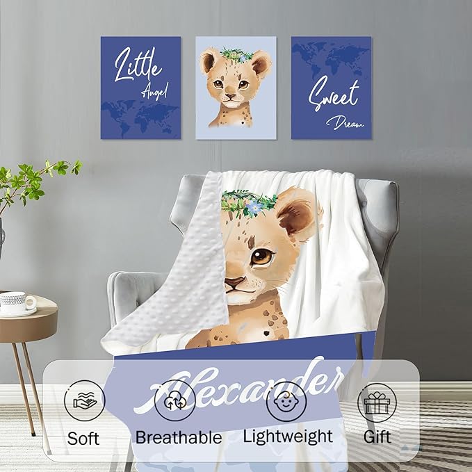 Personalized Baby Crib Bedding Set for Baby Boys Girls, Blue Leopard Pattern Custom Name Baby Crib Sets 5-Pcs, Toddler Double Layer Blanket Fitted Sheets Changing Pad Cover Rug Wall Art Set