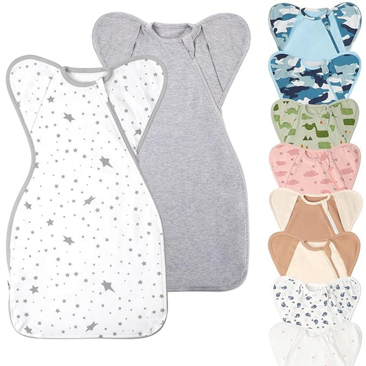 Premium Soft Cotton Swaddle Blanket Sleep Sack Arms Up Design 2 Packs 3-6 Months, Hands Up 3-Way Transitions to Arms-Free Wearable Sleeping Sack Bag for Baby Boys Girls Snug Fit Calms Startle Reflex