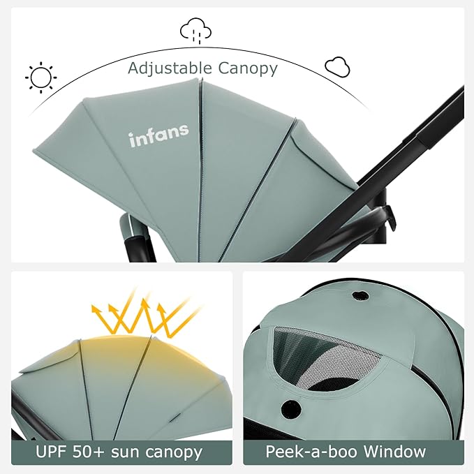 INFANS 2 in 1 Baby Stroller, High Landscape Infant Stroller & Reversible Bassinet Pram, Foldable Pushchair with Adjustable Canopy, Cup Holder, Storage Basket, Suspension Wheels (Green)