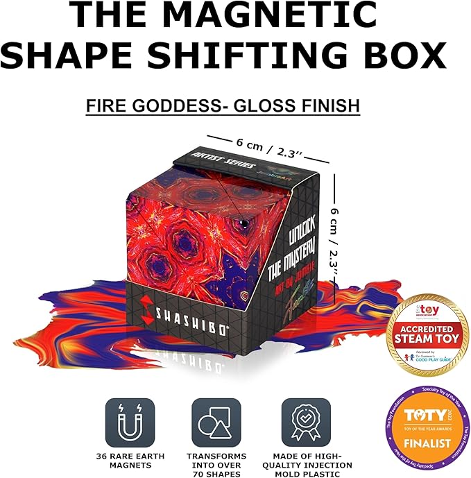SHASHIBO Shape Shifting Box - Award-Winning Fidget Toy w/ 36 Rare Earth Magnets - Fidget Cube Transforms Into Over 70 Shapes, Sensory Toy Gift for Kids, Teens, and Adults (Fire Goddess)