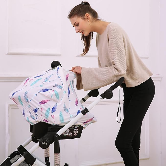 Carseat Canopy Covers for Breastfeeding - Baby Car Seat Covers Breastfeeding Cover Multi Use Boys and Girls Shower Gifts (Feather)