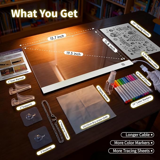 LED Note Board with Colors, Led Drawing Board for Kids, Light Up Acrylic Dry Erase Boards with Stand, Christmas & Birthday Gifts for Girls/Teens (White, 15.7" x 11.8")