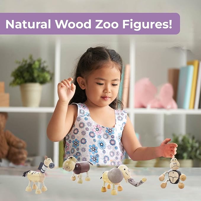 TEKOR Wooden Bendable Jungle Animal Toys (Set of 4) | Ages 3 & Up | Early Education Toy Animals for Kids | Elephant, Zebra, Hippo, Gorilla | Smooth Natural Wood | Endless Play for Girls & Boys