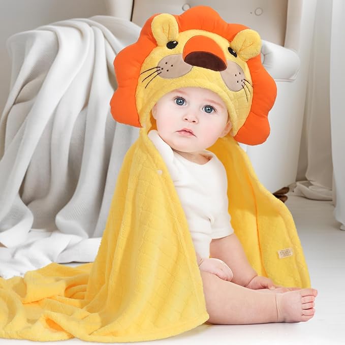 Kids Bath Towels with Hood, Soft and Thick Hooded Towels for Toddlers 3-5, 2 PCS Cute Animal Face Premium Coral Fleece with Large Size 50 in*32 in, Orange Tiger & Yellow Lion Set
