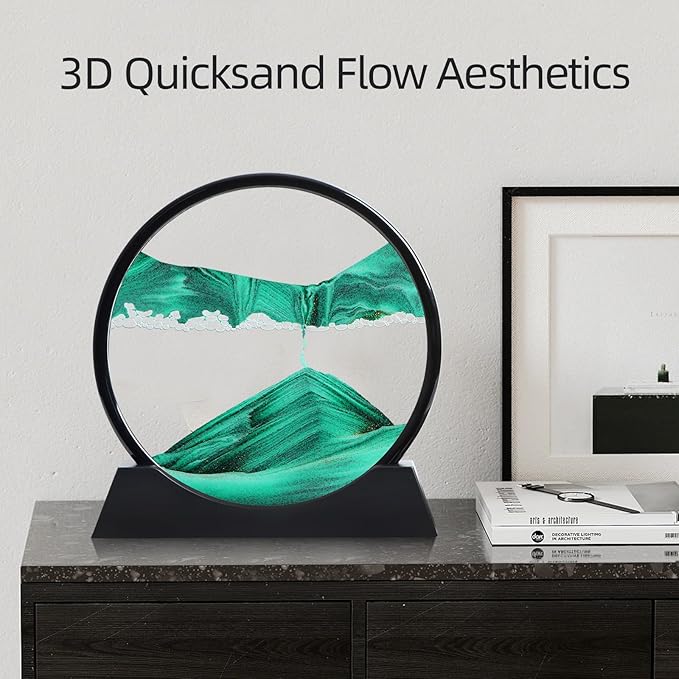Moving Sand Art Liquid Motion, 3D Deep Sea Sandscape Color Quicksand Decor, Round Glass Moving Sand Art Picture Relaxing Desktop Home Office Work Decor (Green, 12 inch)