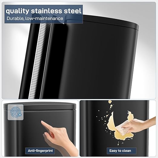 Arlopu13.2 Gallon Step Trash Can, Stainless Steel Garbage Bin, Soft-Close Rubbish Bin with Removable Plastic Inner Bucket, Fingerprint-Proof, Lid Dustbin, Suit for Kitchen Home (Black, 50L)