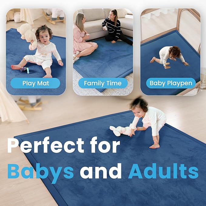 1.3" Thick Baby Play Mat for Floor, 39x59 Foam Tummy Time Mat, Padded Support Soft Plush Nursery Rug for Infant Kids Toddler Crawling Kick Activity (Royal Blue)