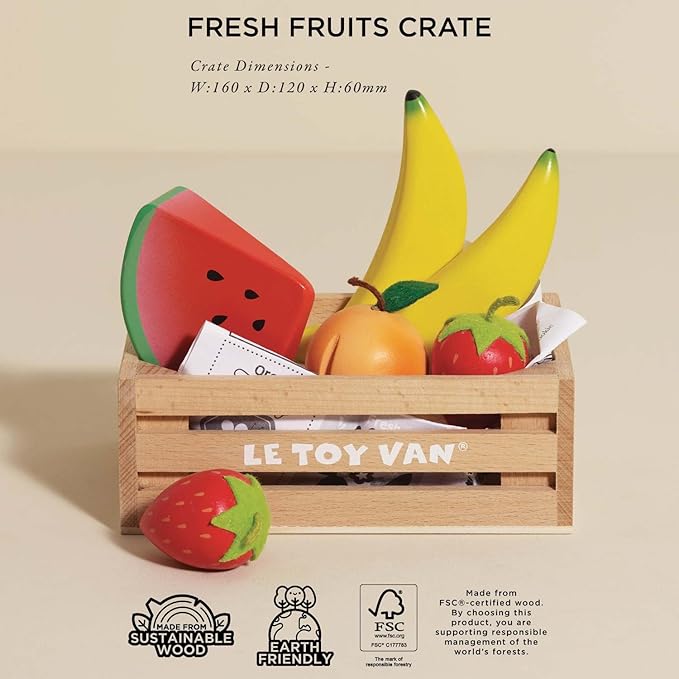 Le Toy Van - Wooden Honeybee Market Fruits '5 a Day' Crate | Fun Role Play Supermarket Pretend Play Shop Food | Great Gift for Boys Or Girls, Smoothie Fruits Crrate (TV183)