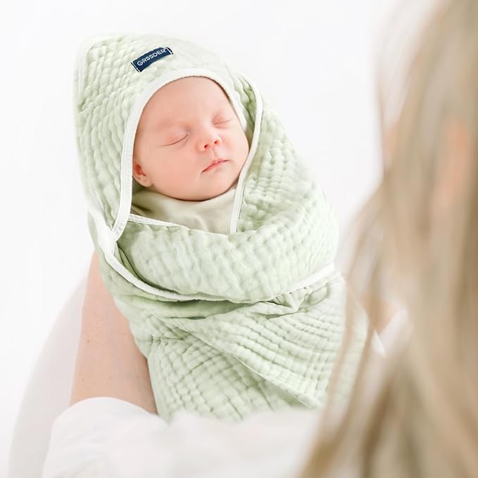 GRSSDER Ultra Soft Absorbent Muslin Cotton Baby Hooded Towel 2 Pack with Original Patterns, Extra Large Size 35"x 35" Swaddle Wrap for Newborn Infant and Toddler
