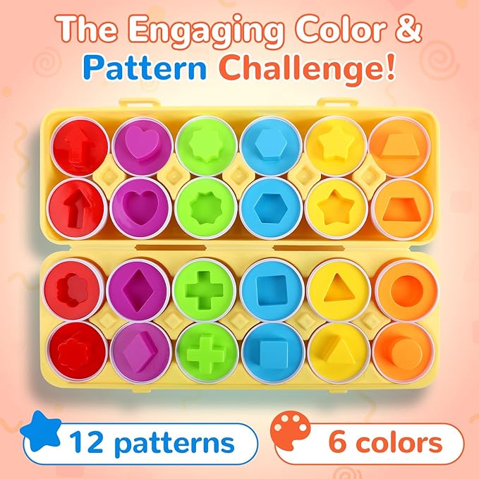 USATDD Matching Eggs for Toddlers Montessori Color & Shape Recognition Toy, Fine Motor Skills Shape Sorter Puzzle, Educational Montessori for Kids,12pcs Eggs Toy